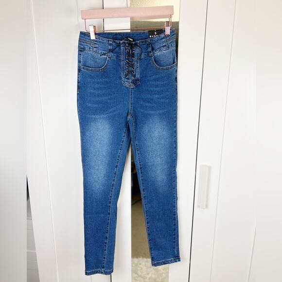 Fashion Nova Lace Up To It Stretch Skinny Jeans - Medium Blue Wash - Picture 5 of 13